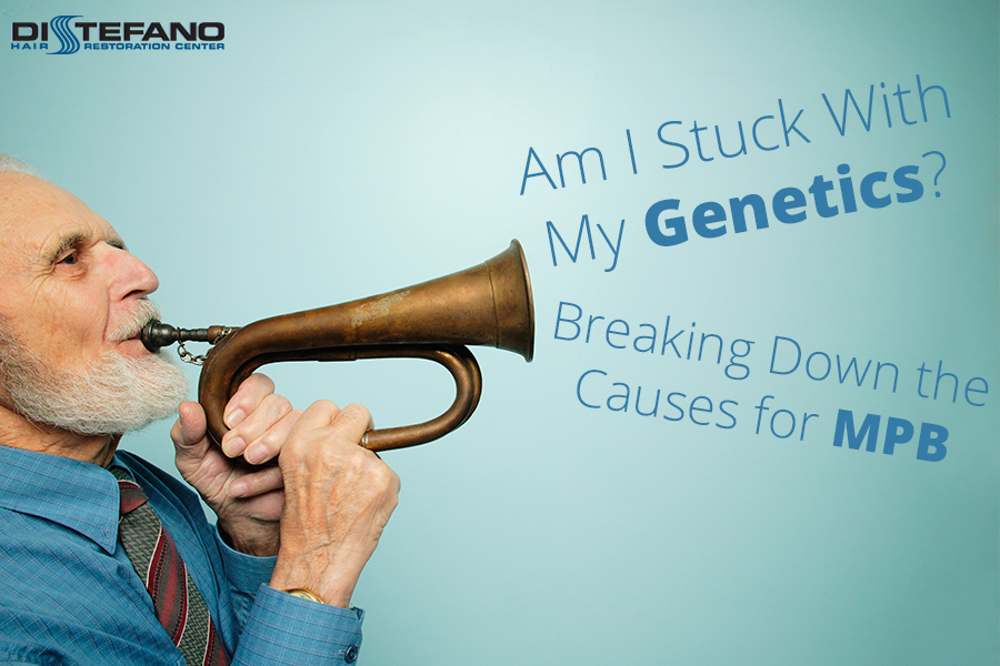 A man playing a bugel with the words 'Am I Stuck With My Genetics? Breaking Down the Causes for MPB'